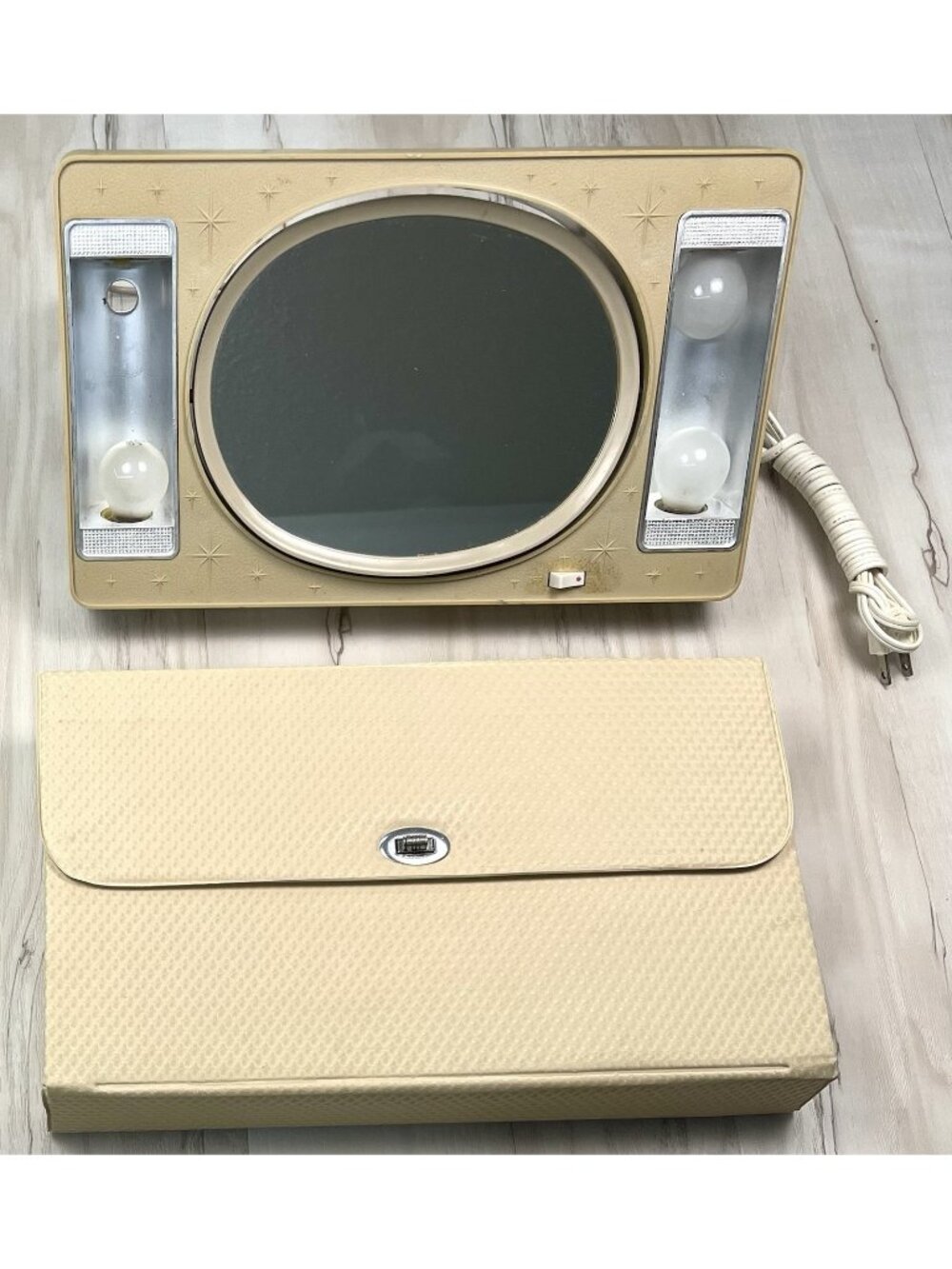 VTG MCM Mid-Century 2-Sided Lighted MAKE-UP MIRROR w/ Atomic Starburst Case READ